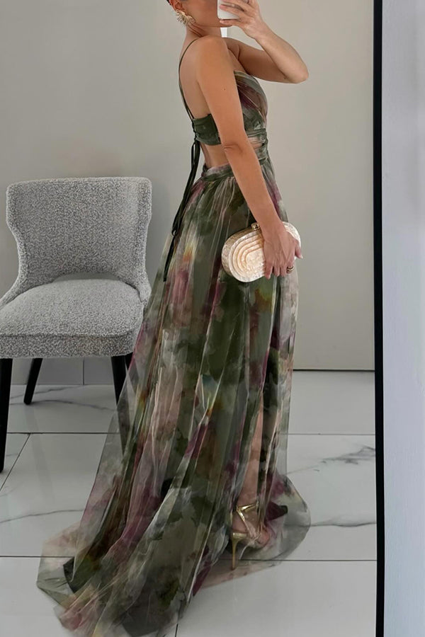 Charming flowy floral print maxi dress with V-neck for women