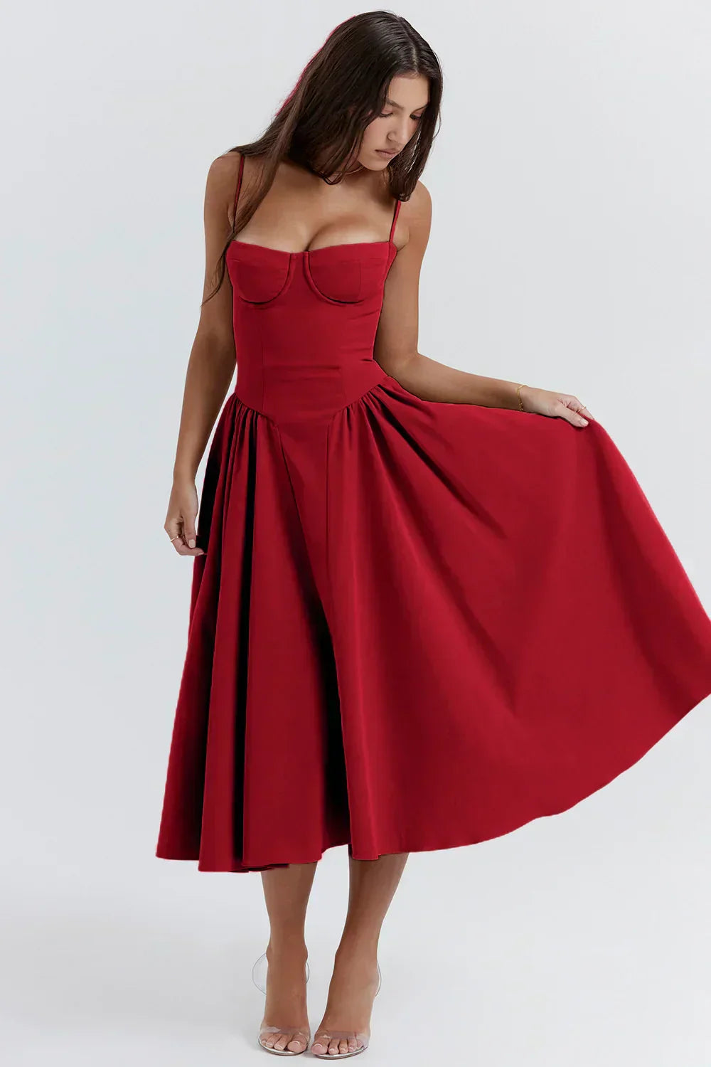 Feminine pleated midi dress with fitted bustier for women
