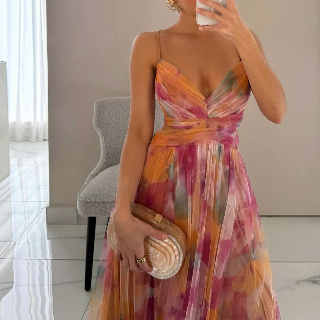 Charming flowy floral print maxi dress with V-neck for women