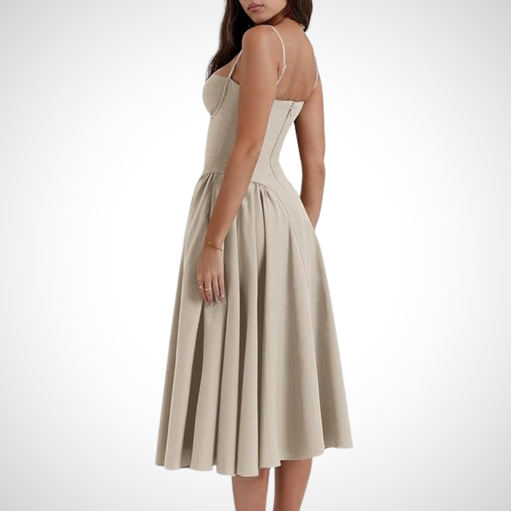 Feminine pleated midi dress with fitted bustier for women