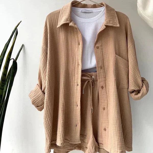 Casual khaki relaxed two-piece set with shirt and shorts for women, offering a perfect blend of comfort and fashion.