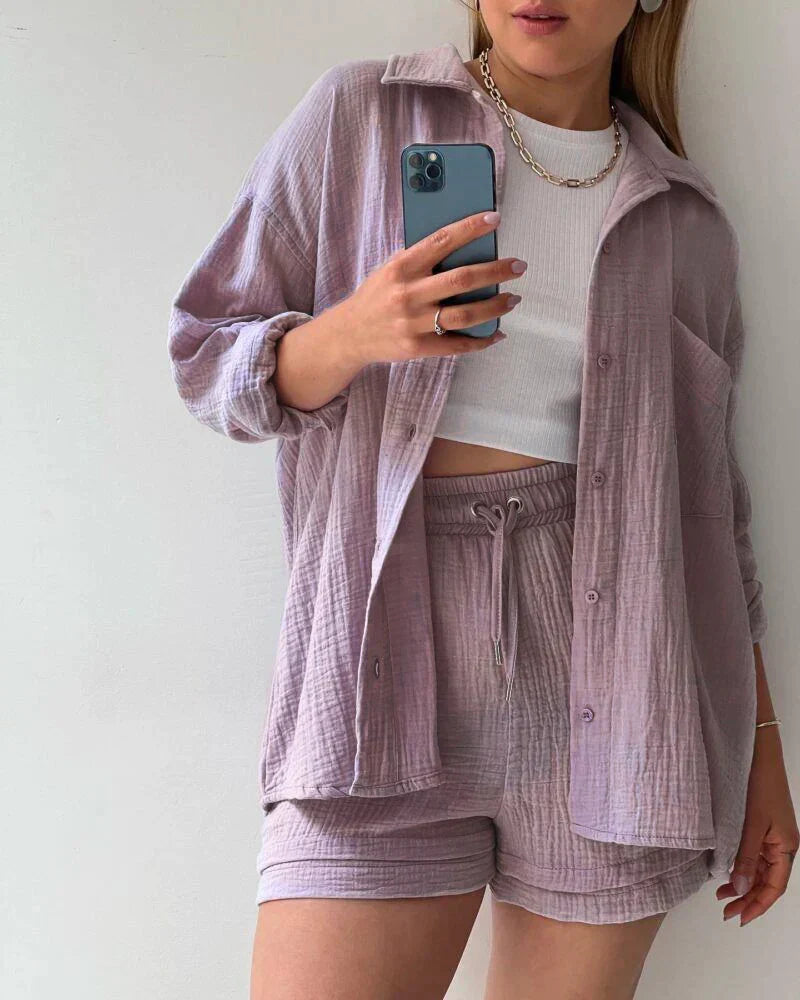 Lovely lavender relaxed two-piece set with a shirt and shorts for women, perfect for a calm and chic appearance.