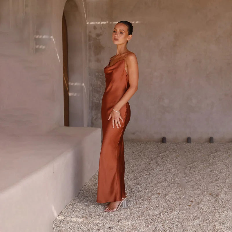 Sophisticated satin wedding guest dress with flattering fit for women