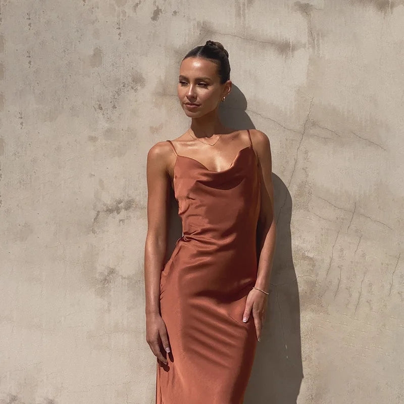 Sophisticated satin wedding guest dress with flattering fit for women