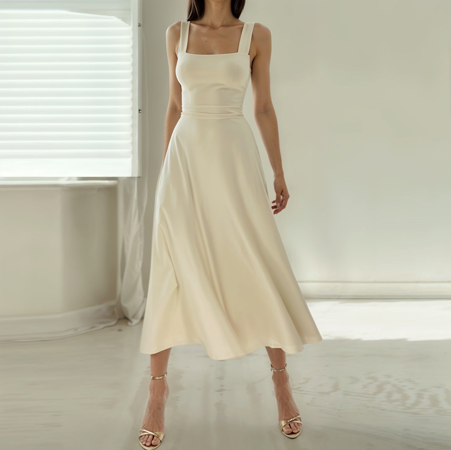 Classic midi dress in white with square neckline and flowy skirt, designed for women. A timeless and elegant women's dress.