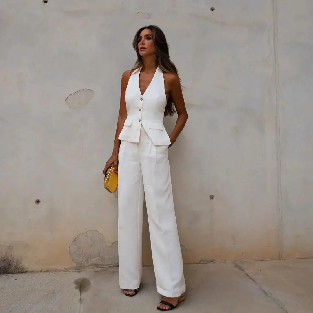 Elegant tailored vest and wide-leg pants set for women, perfect for effortless style