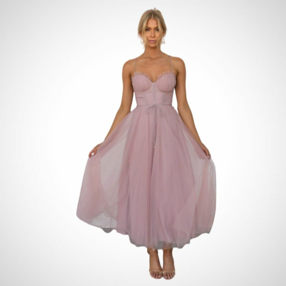 Elegant wedding guest midi dress in pink, offering a soft tulle skirt design for an elegant appearance.