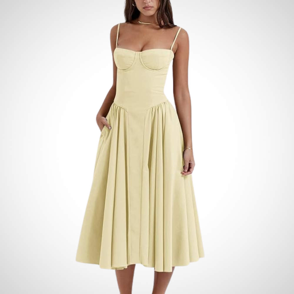 Feminine pleated midi dress in yellow with a fitted bustier for women, offering a flattering silhouette for a variety of events.