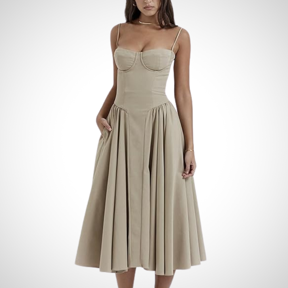 Feminine pleated midi dress in beige with a fitted bustier for women, perfect for adding elegance to any occasion.