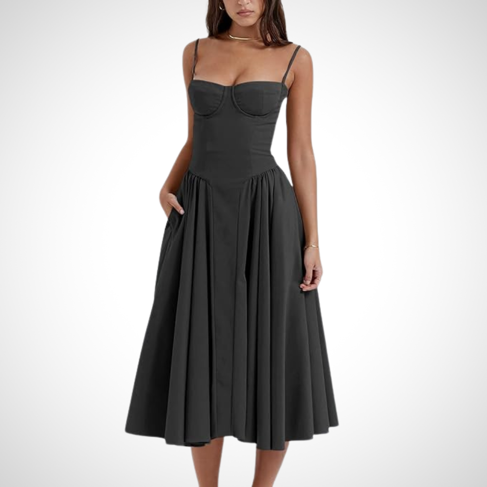 Elegant black feminine pleated midi dress with a fitted bustier for women, perfect for formal and semi-formal events.