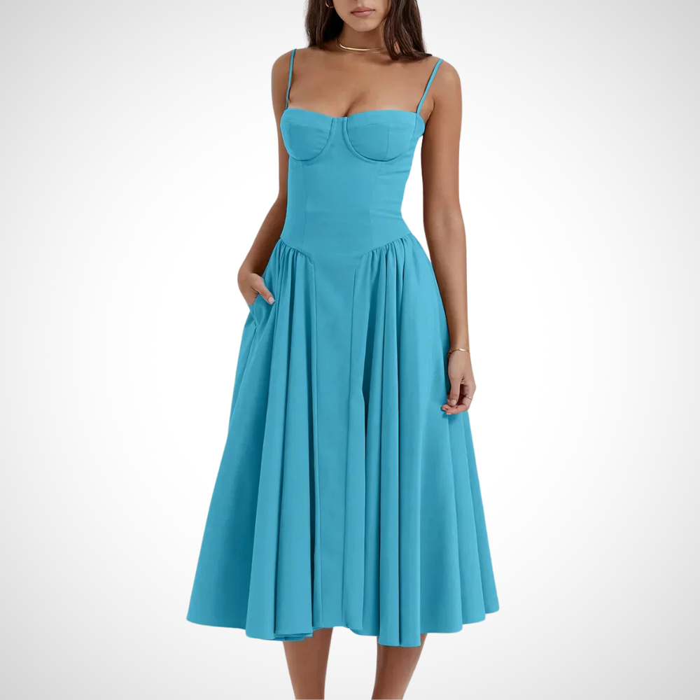 Feminine pleated midi dress in blue with a fitted bustier for women, perfect for a chic and stylish look at formal events.