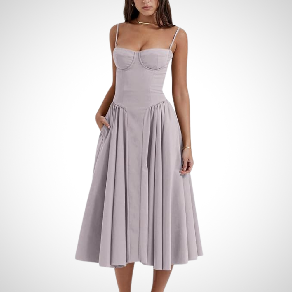 Feminine pleated midi dress in gray with a fitted bustier for women, designed to combine style and comfort effortlessly.