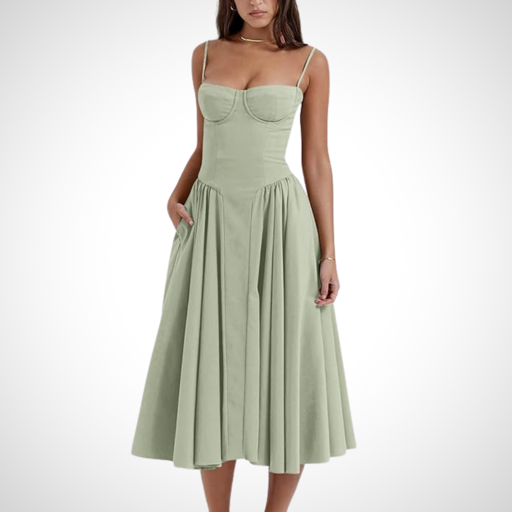 Sophisticated green feminine pleated midi dress with a fitted bustier for women, a stylish choice for special occasions.