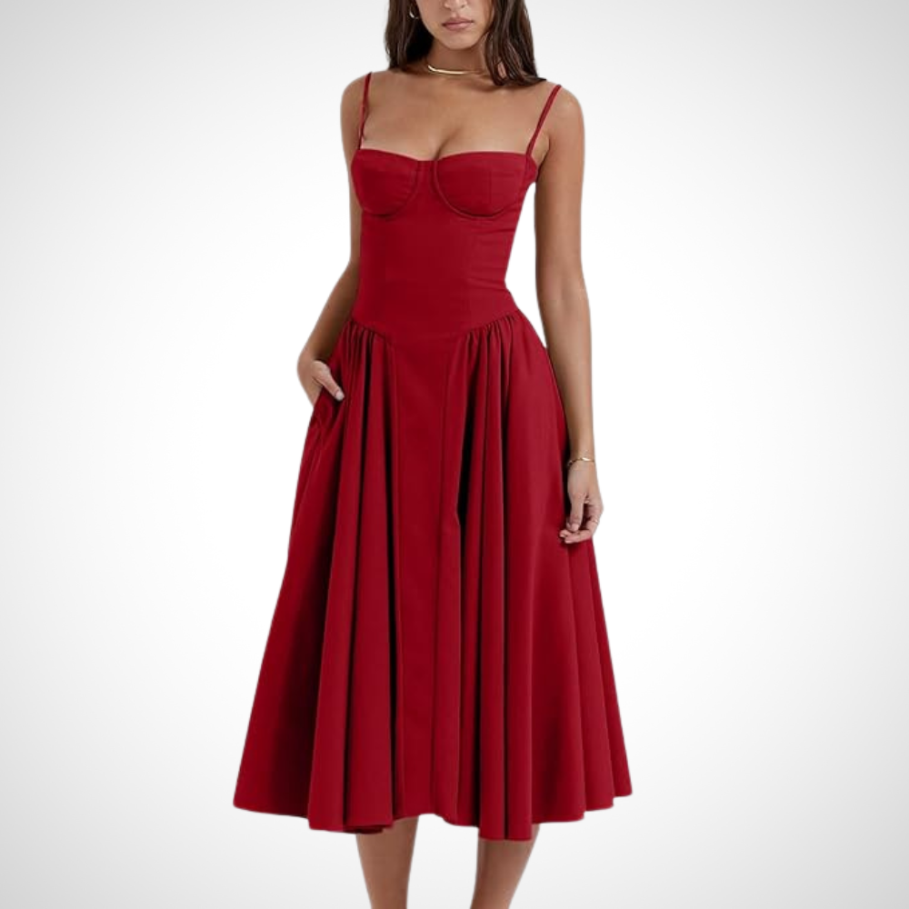 Bold red feminine pleated midi dress with a fitted bustier for women, designed for a confident and stylish appearance.