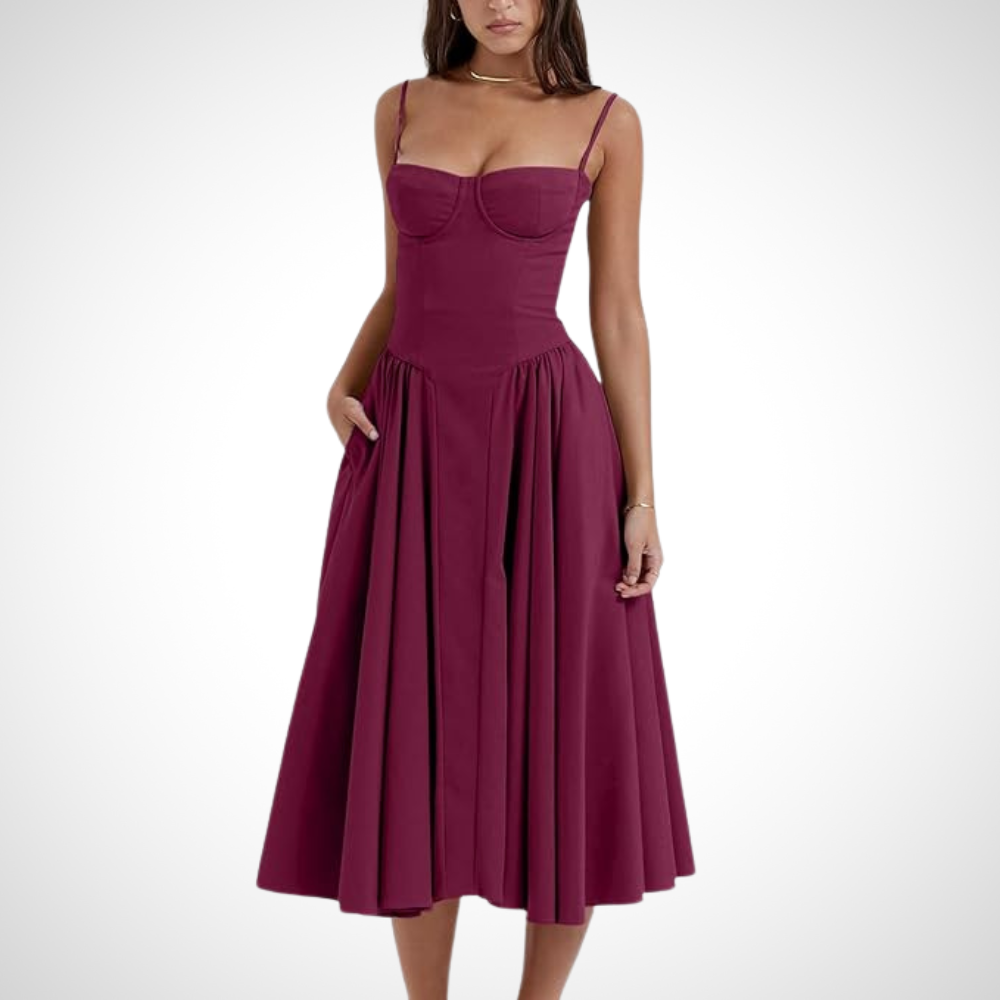Gorgeous wine red feminine pleated midi dress with a fitted bustier for women, ideal for an elegant evening look.