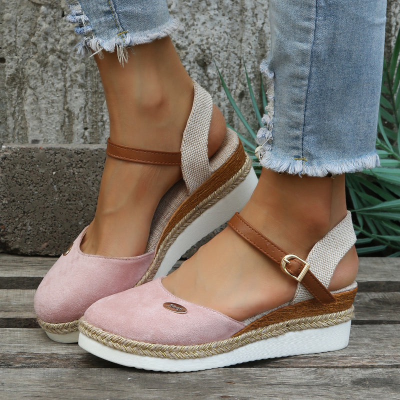 Pink orthopedic espadrille platform sandals with ankle strap for women, trendy women's sandals.