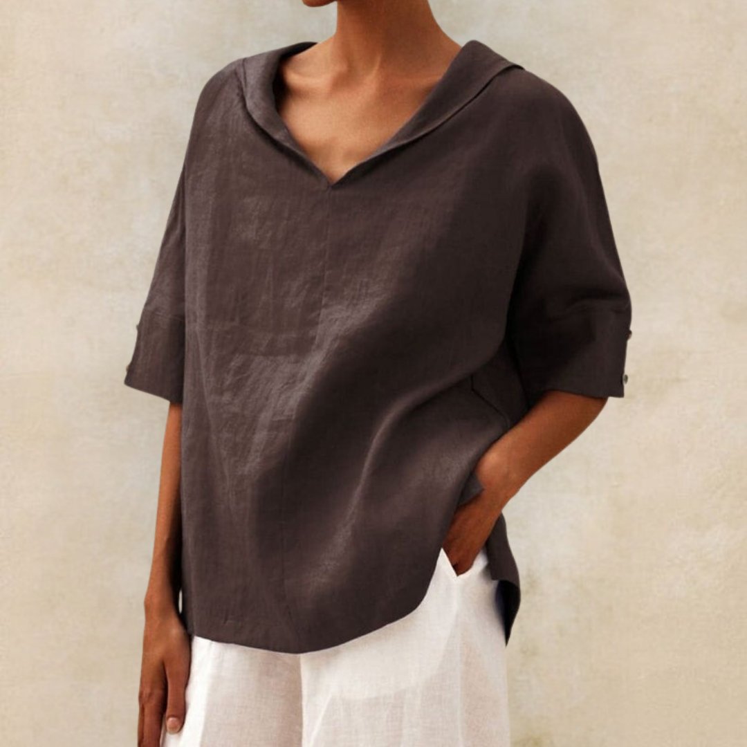 Brown relaxed linen blouse, comfy blouse with v-neck for women, neutral timeless women's blouse for all-day comfort.
