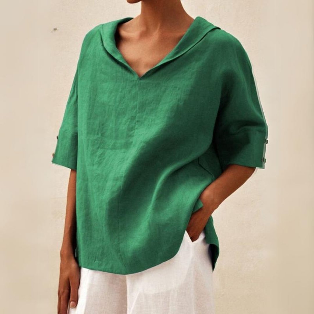 Green relaxed linen blouse, airy blouse with v-neck for women, breezy women's blouse perfect for summer style.