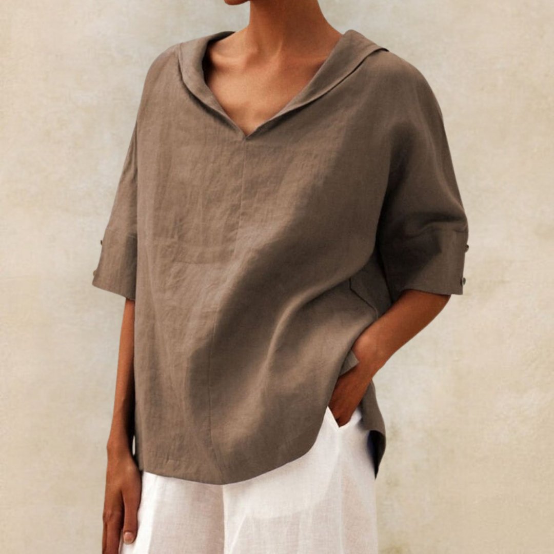 Khaki relaxed linen blouse, soft fabric blouse with v-neck for women, everyday chic women's blouse for comfortable wear.