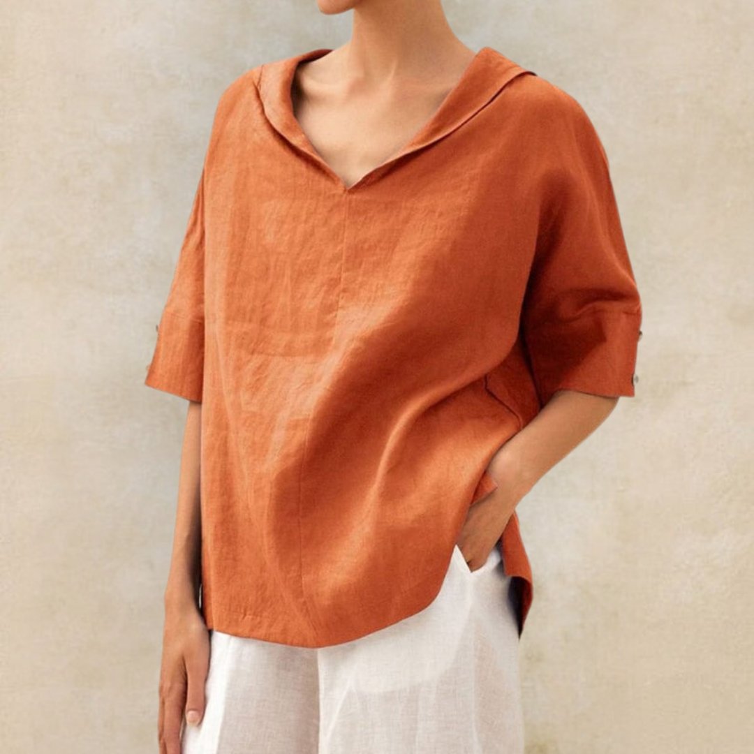 Orange relaxed linen blouse, flattering blouse with v-neck for women, vibrant and comfortable women's blouse for bright looks.