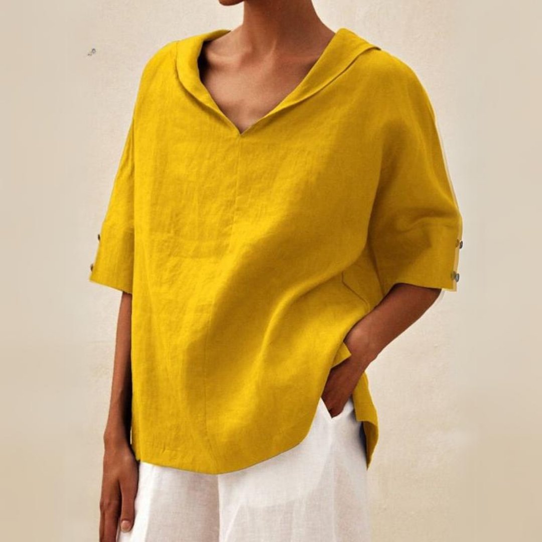 Yellow relaxed linen blouse, lightweight blouse with v-neck for women, sunny women's blouse for easy everyday wear.