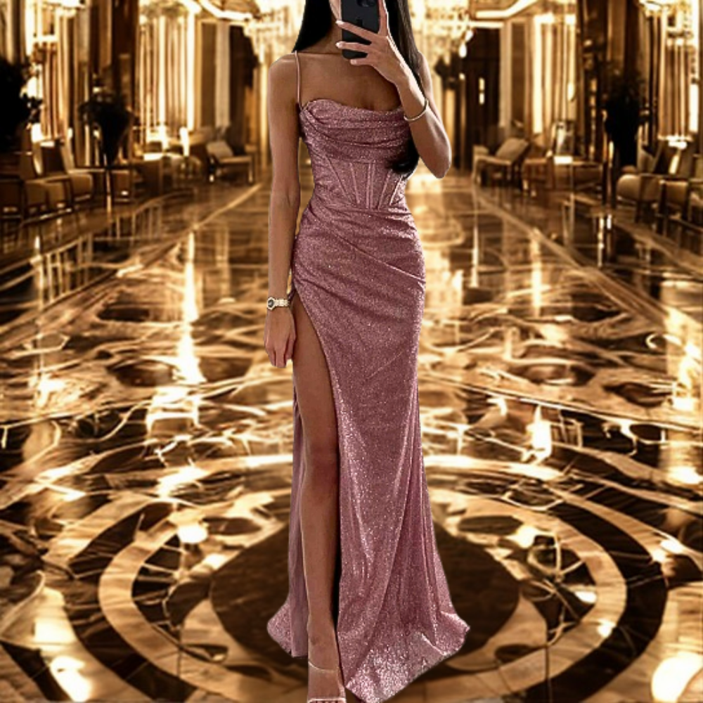 Pink sparkling satin wedding guest dress with slit and corset top for women, a graceful and flattering choice for special occasions.