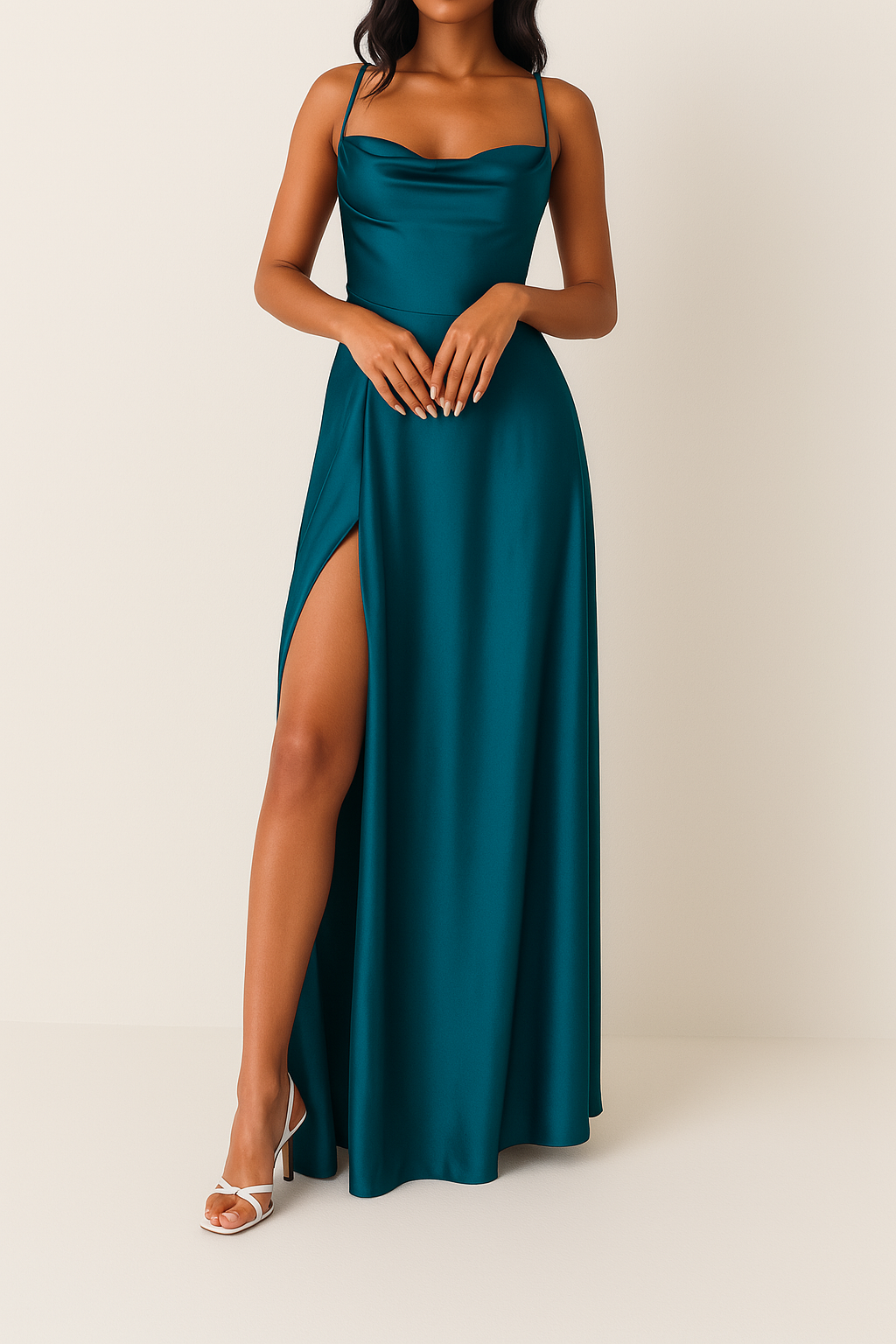 Stunning satin maxi wedding guest dress in blue, offering a flattering fit for women and ideal for any elegant occasion.