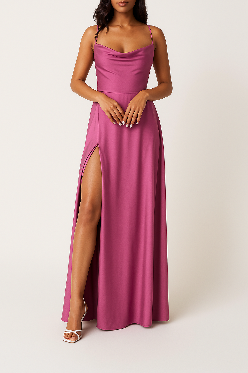 Stunning satin maxi wedding guest dress in pink, designed to provide a flattering fit for women, perfect for weddings and formal events.