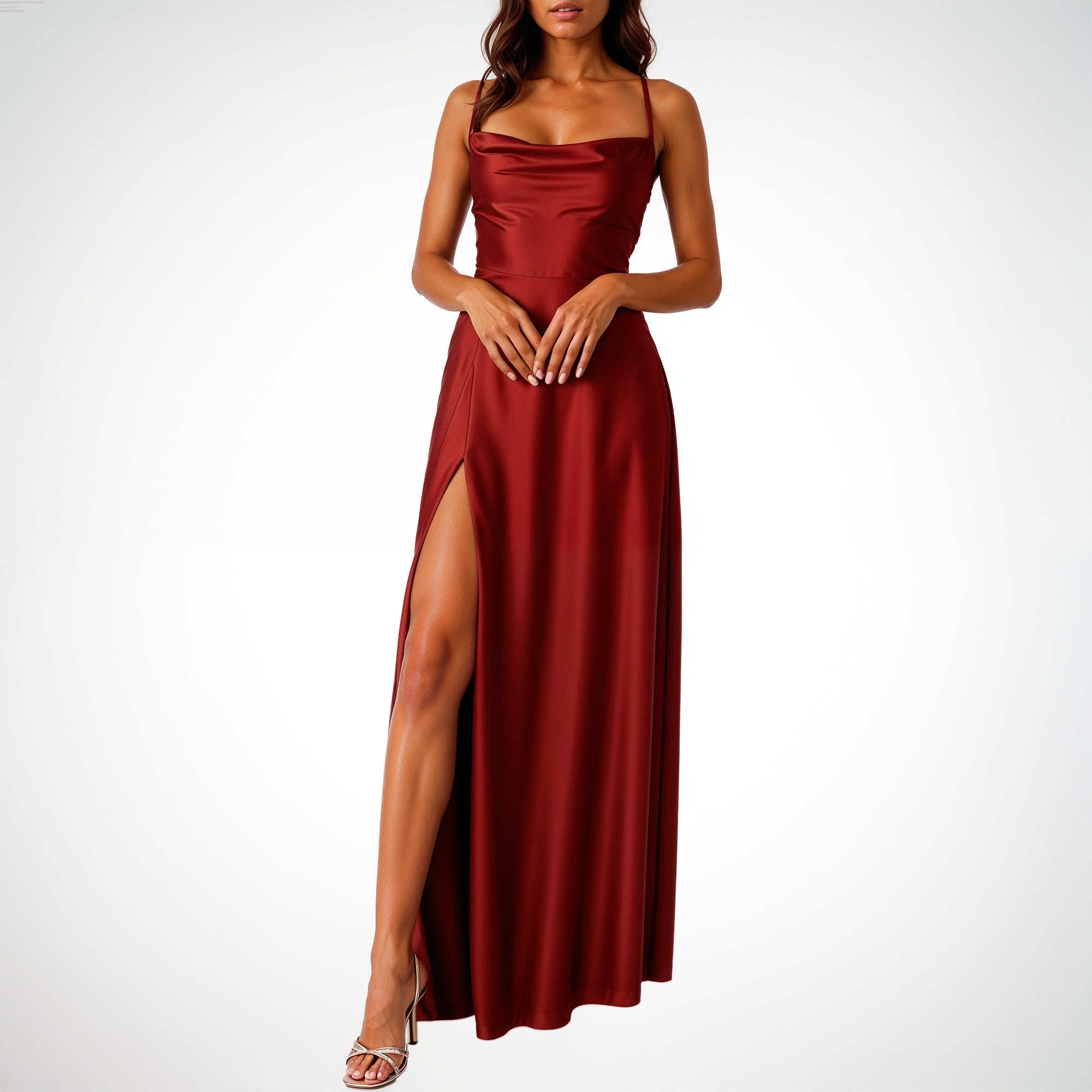Stunning satin maxi wedding guest dress in red, designed to provide a flattering fit for women, ideal for weddings and formal events.