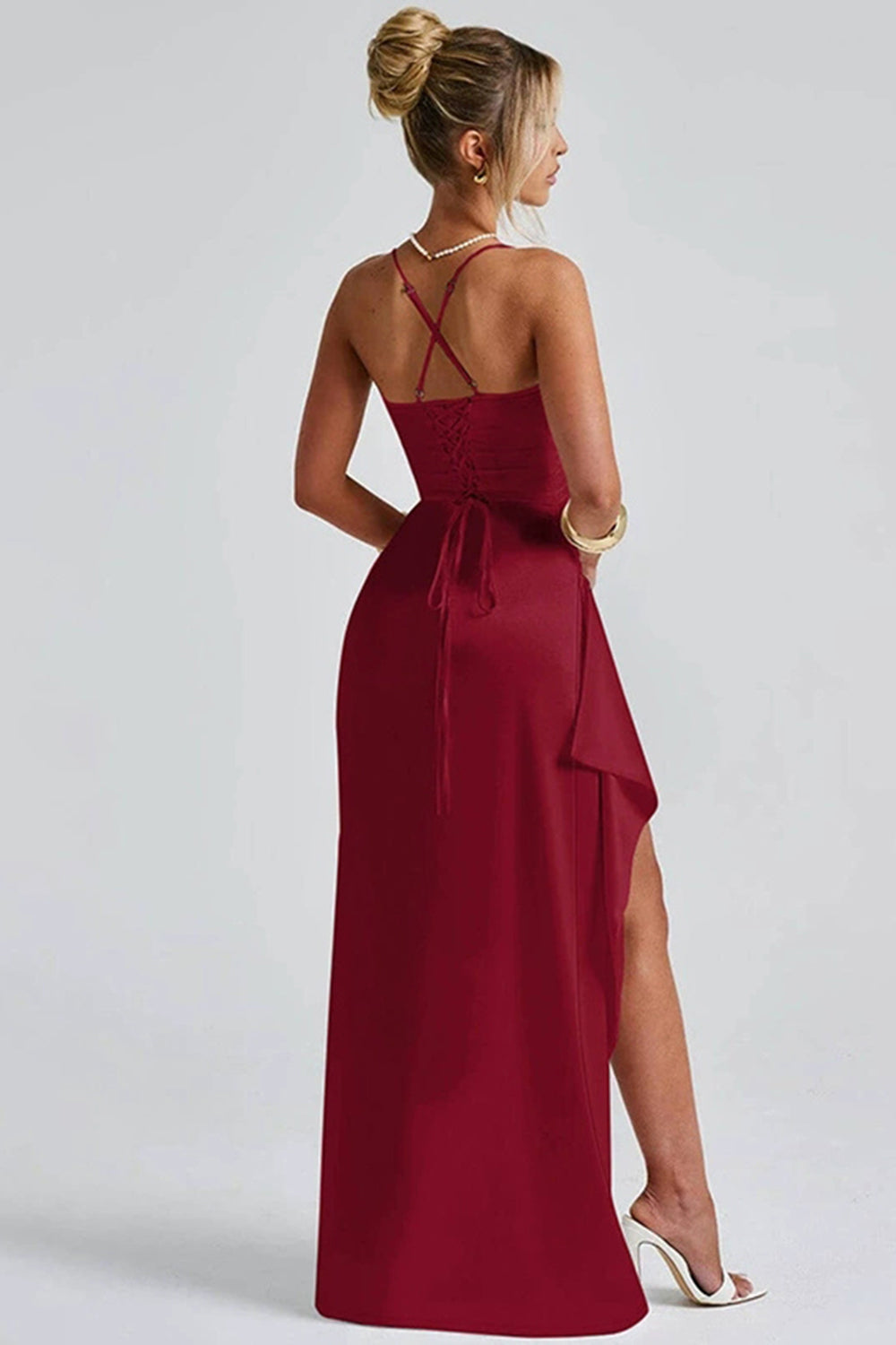 Elegant wedding guest satin maxi dress for women