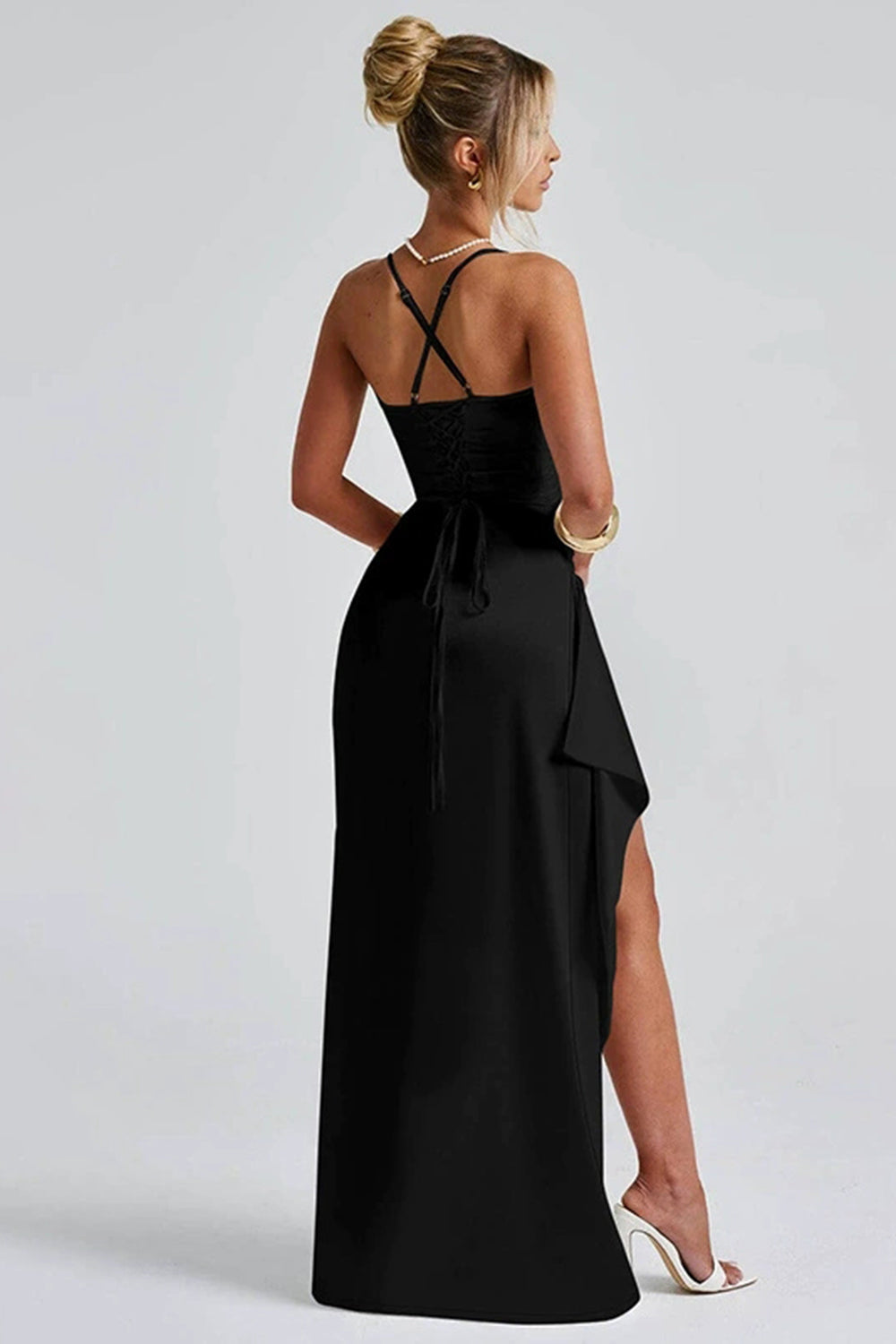 Elegant wedding guest satin maxi dress for women