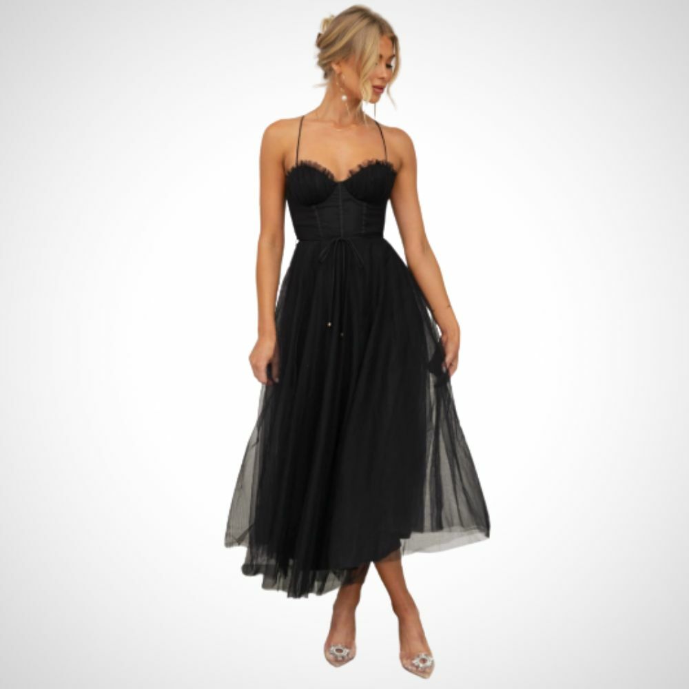 Elegant wedding guest midi dress in black, featuring a flattering fit and tulle skirt for a chic look.