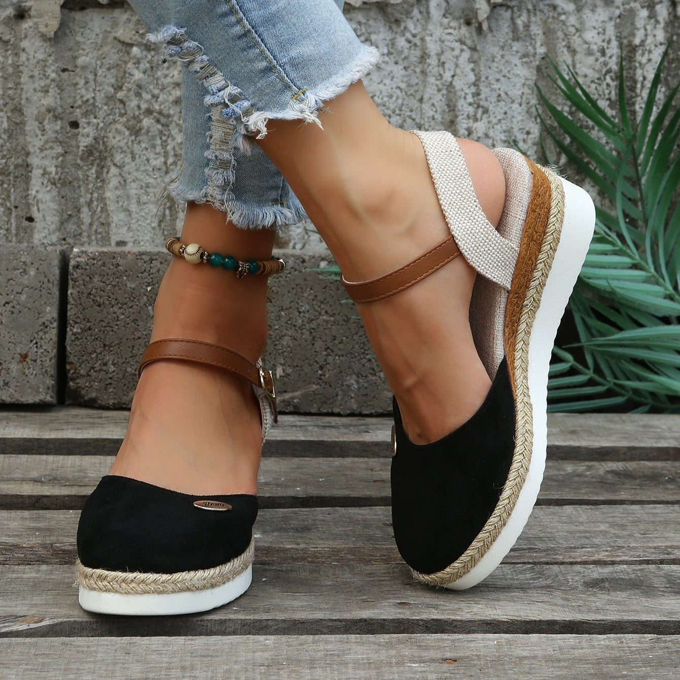 Black orthopedic espadrille platform sandals with ankle strap for women, comfortable women's sandals.