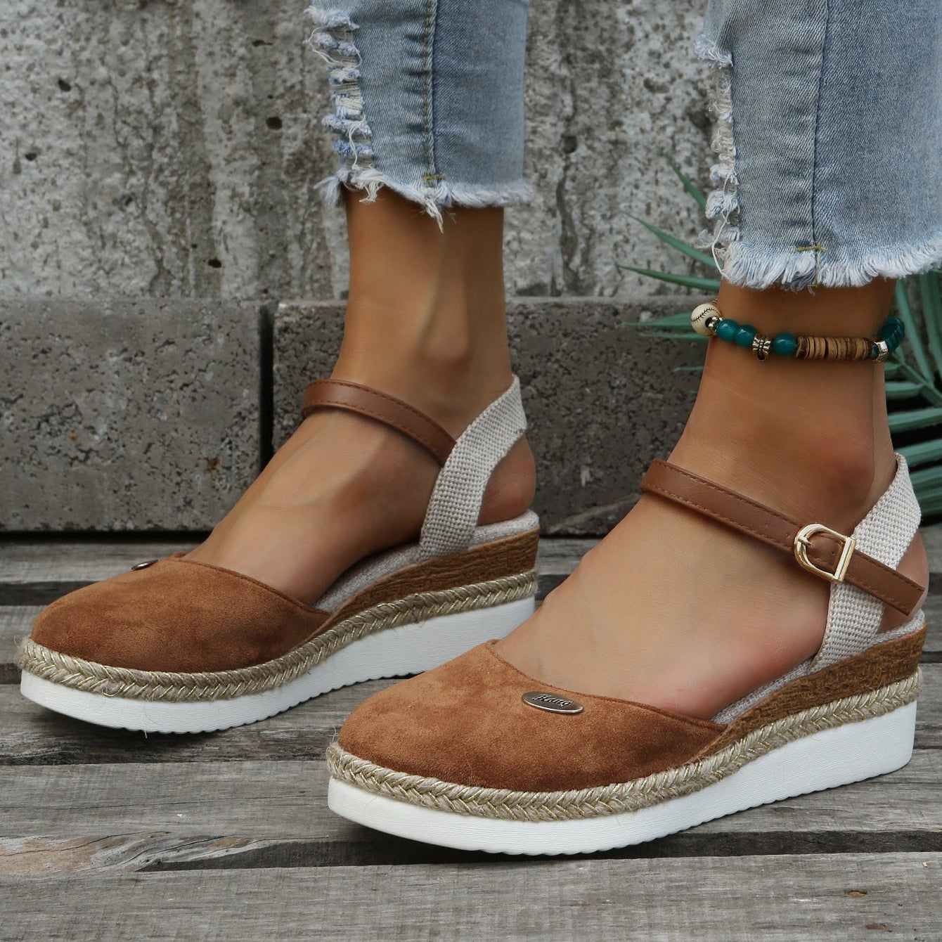 Brown orthopedic espadrille platform sandals with ankle strap for women, stylish women's sandals.
