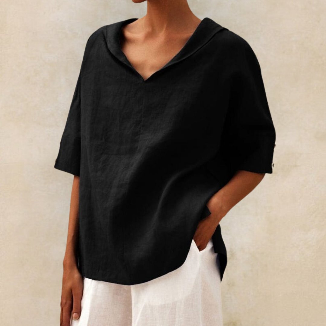Black relaxed linen blouse, breathable blouse with v-neck for women, versatile stylish women's blouse perfect for any occasion.