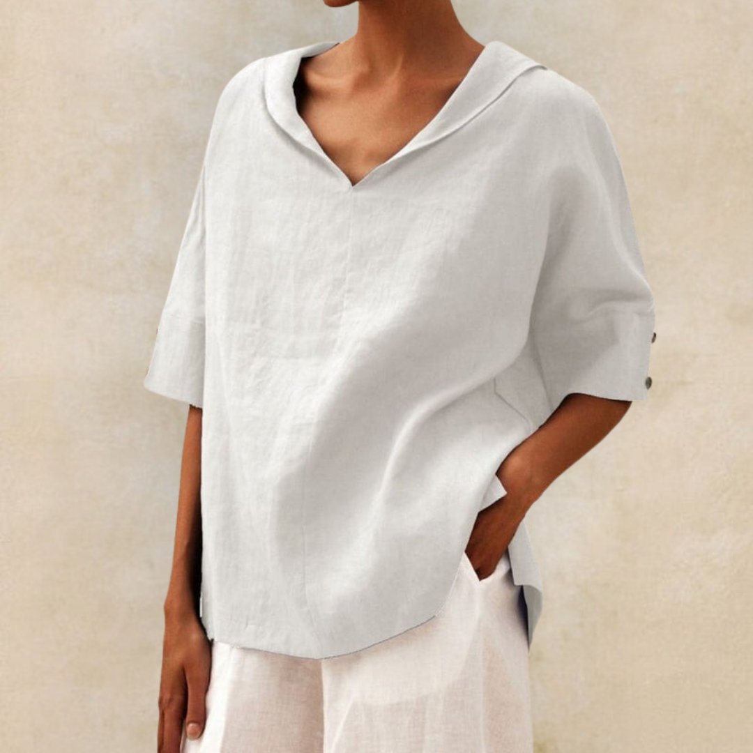 White relaxed linen blouse, lightweight blouse with v-neck for women, casual elegant women's blouse for daily wear.