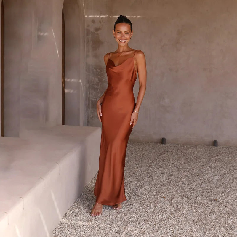 Elegant brown sophisticated satin wedding guest dress with a flattering fit for women, perfect for formal occasions.